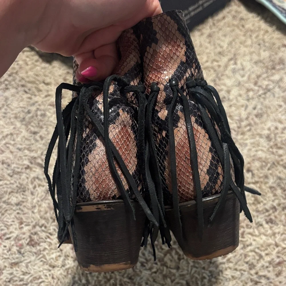 Tony Lama Fringe Snake-Print Ankle Boots - Brown - Picture 3 of 7